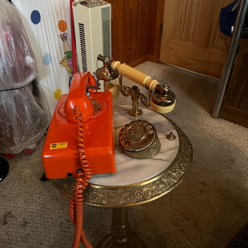 Rare Vintage Brass and Marble Floor Table Rotary Dial French Phone Mid Century